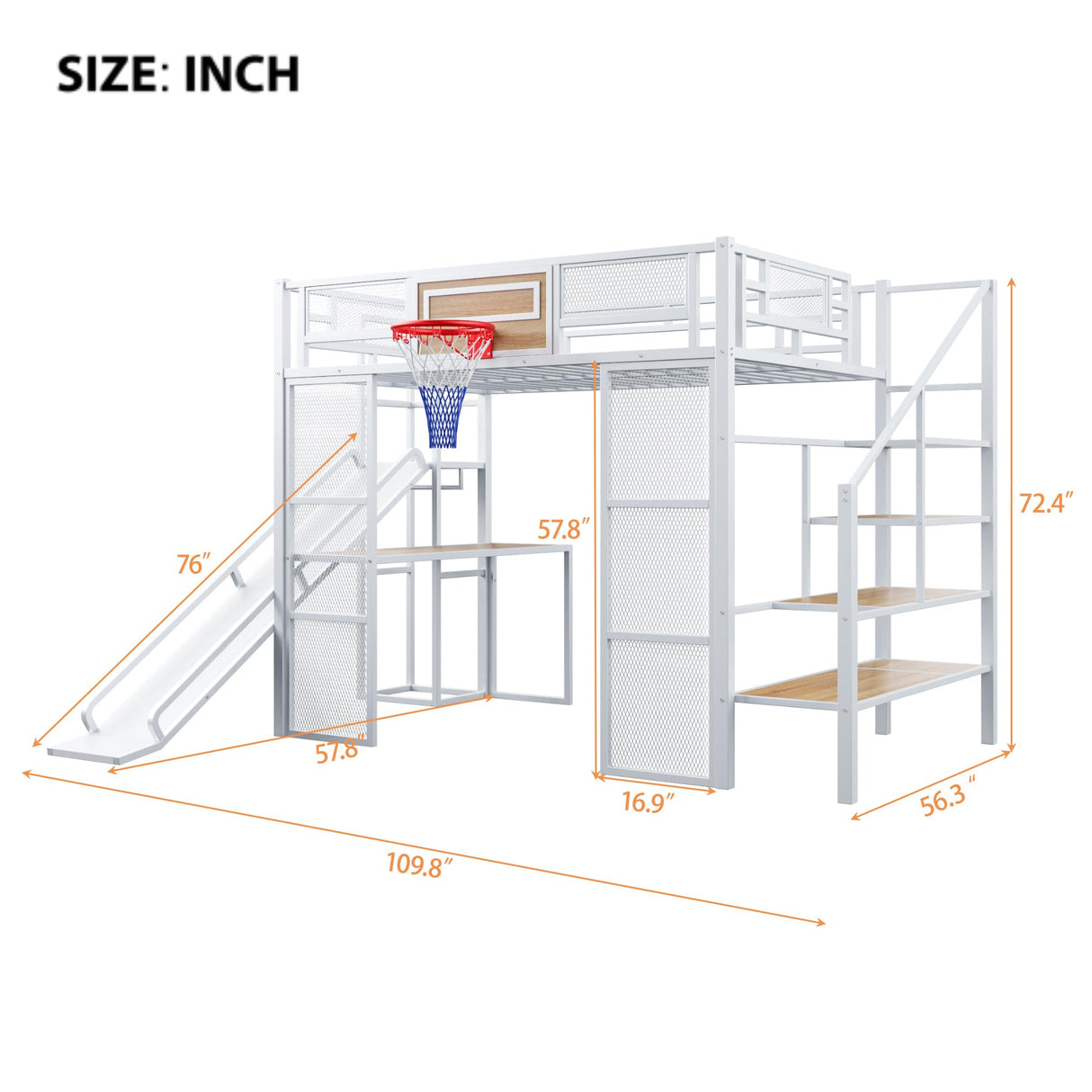 Full Size Loft Bed with Slide and Staircase, Metal Loft Bed Frame with Desk and Basketball Hoop, Loft Full Bed for Boys Teens, White RuiSiSi