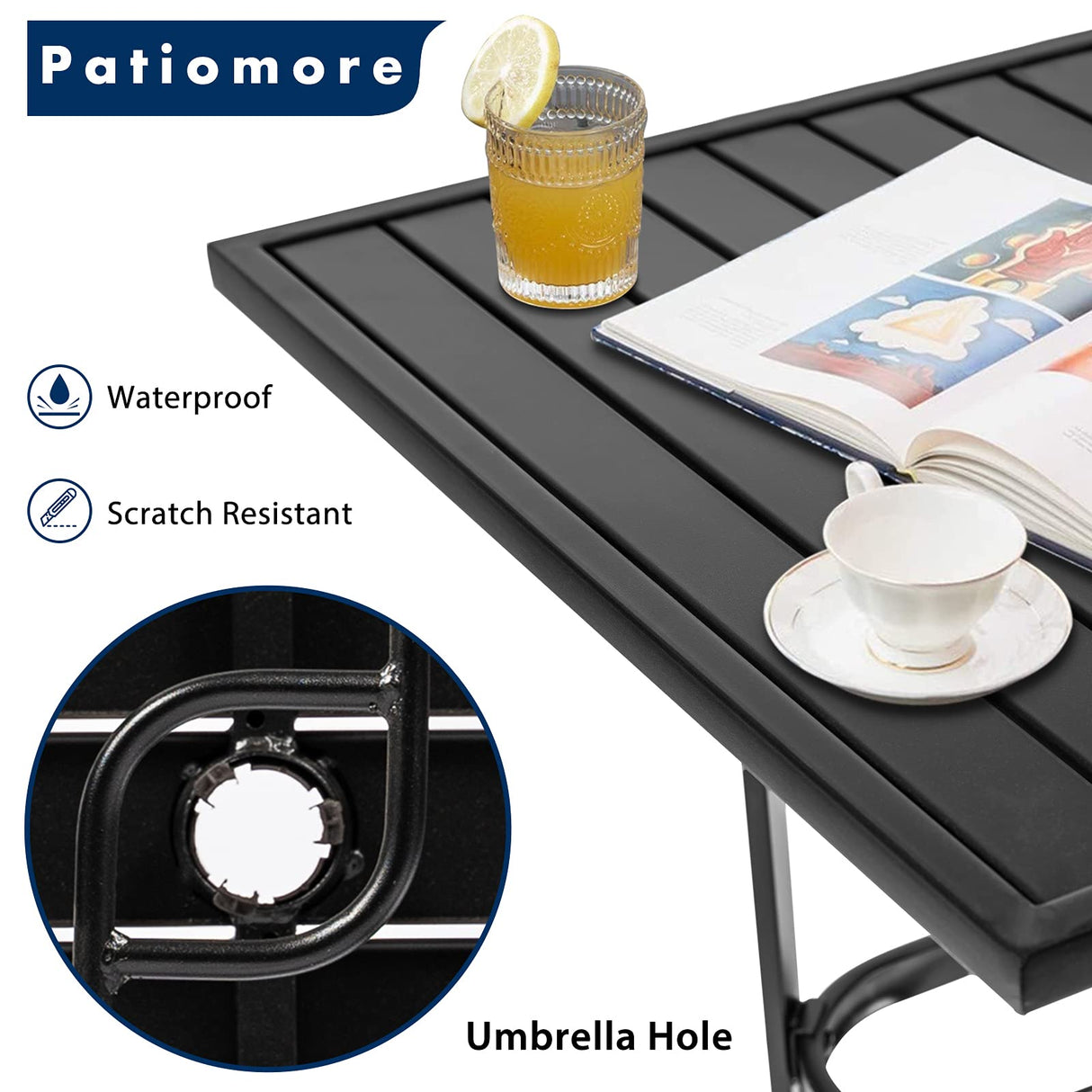 Patiomore Patio Bar Table, Outdoor Bar Height Bistro Table with Umbrella Hole, Metal Frame and Slat Design (Black) Patiomore