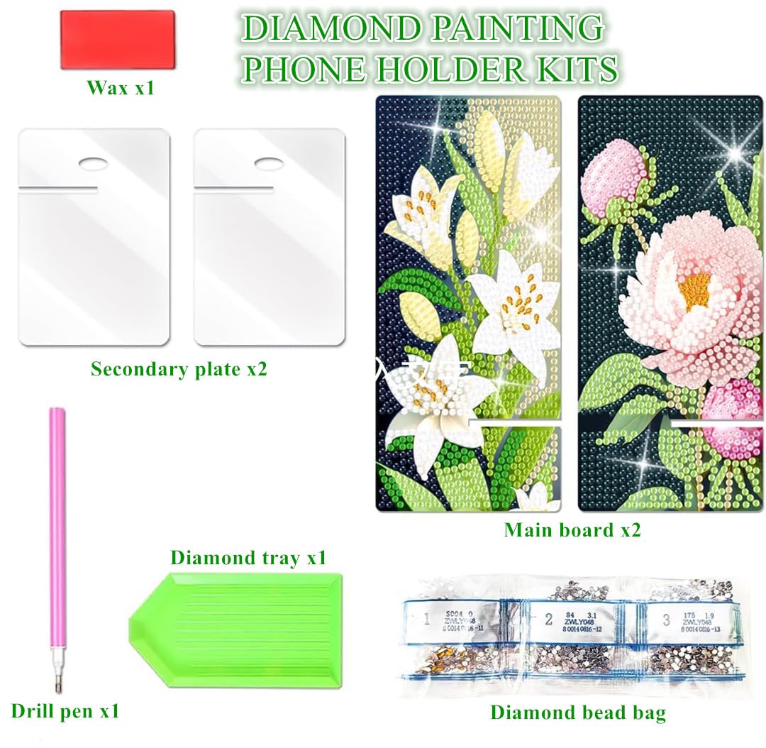 NUFTVI 2 Pack Diamond Painting Phone Holder Kits, 5D Full Crystal Diamond Art Phone Holder& Mirror Craft Kits Gift for Beginner/Adult (Lily and Peony) NUFTVI