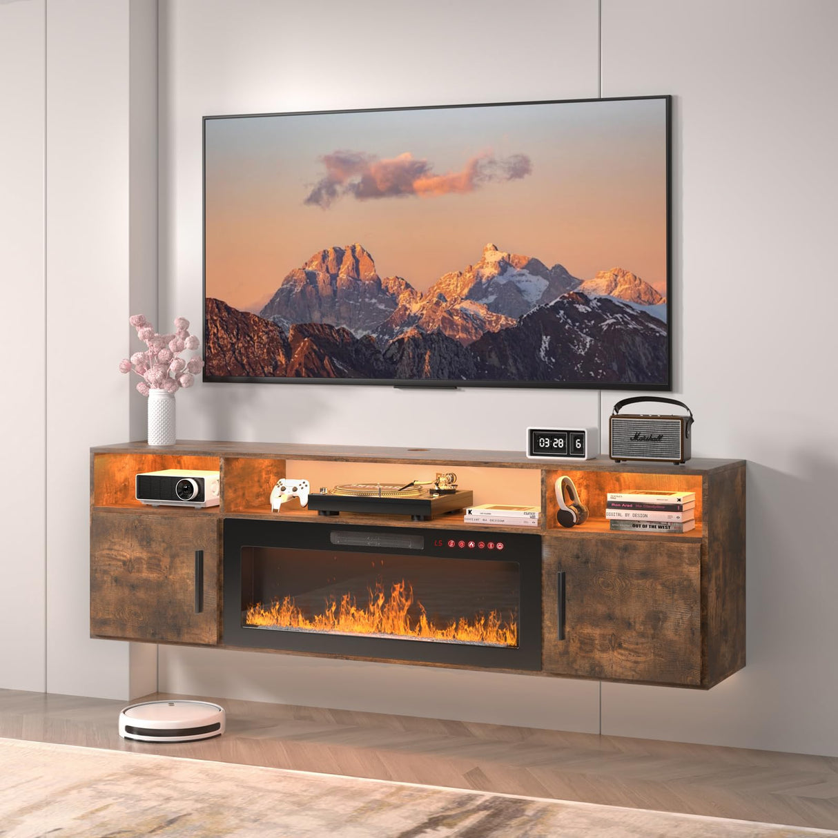 VENDORZ Floating TV Stand with Fireplace, 70" Floating Entertainment Center with 36" Fireplace, Wall Mounted Electric Fireplace TV Stand for Living Room Media Console with Storage Up to 80" TVs, Brown VENDORZ