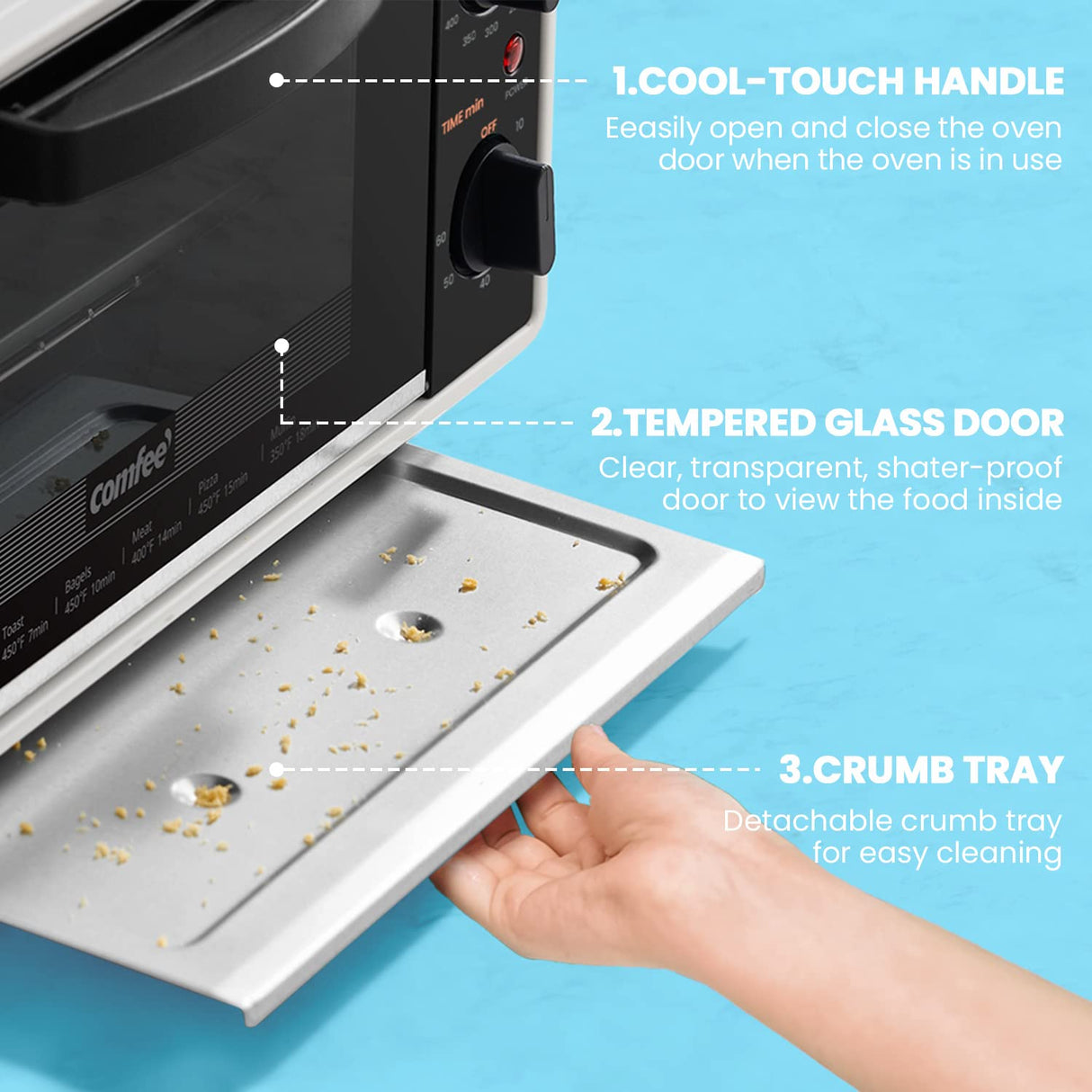 COMFEE' Mini 2-Slice Toaster Oven, Countertop toaster oven, 2-Knobs Easy to Control with Timer for Bake, Broil, Toast, 1000W, Black/White (CO-B08AA(BK)) COMFEE'