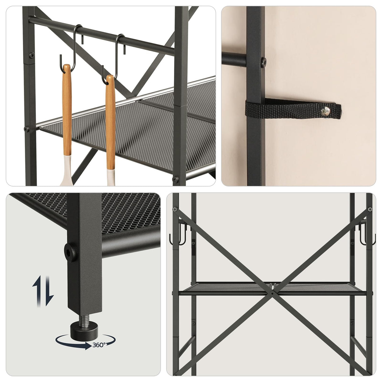 HOOBRO Kitchen Bakers Rack with Power Outlet, 4 Tiers Microwave Oven Stand with Storage, Coffee Bar Table with 9 S-shaped Hooks, Kitchen Storage Shelf Rack, Rustic Brown and Black BF58UHB01 HOOBRO