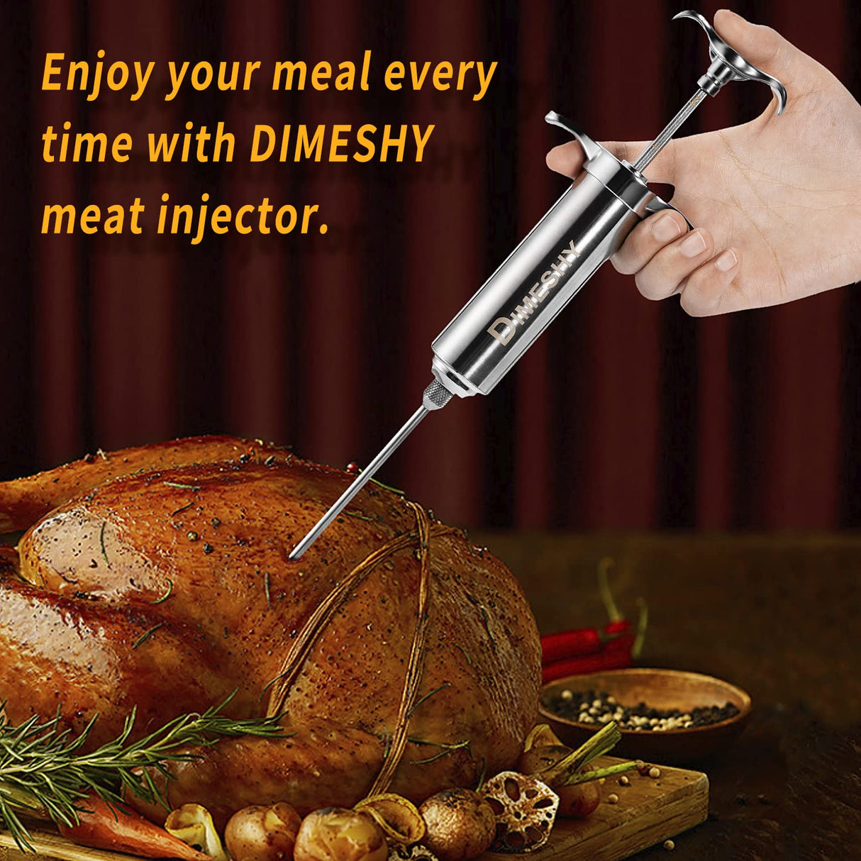 Heavy duty 304 Stainless Steel Meat Injector Kit with 2-oz Large Capacity Barrel with 3 commercial Marinade Needles DIMESHY