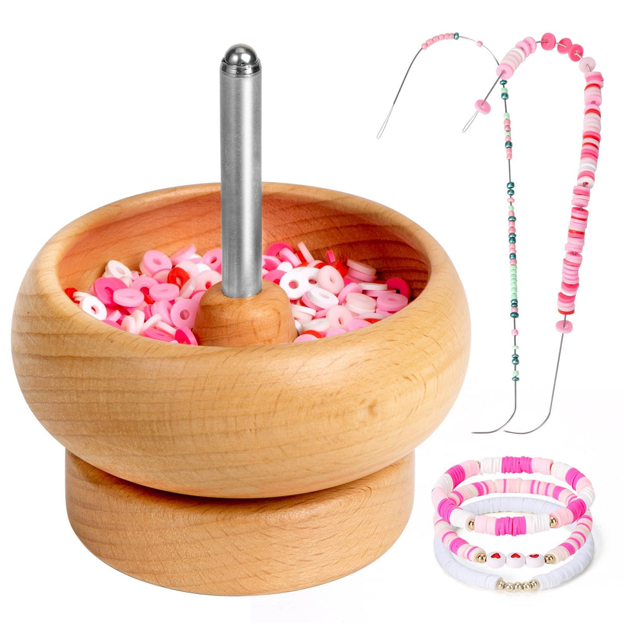 Tilhumt Bead Spinner for Jewelry Making, Effortless Rotating Wooden Clay Bead Spinner with 2 Big Eye Beading Needles and 3000 Seed Beads, Beading Supplies for Making Waist, Bracelets, Necklace Tilhumt