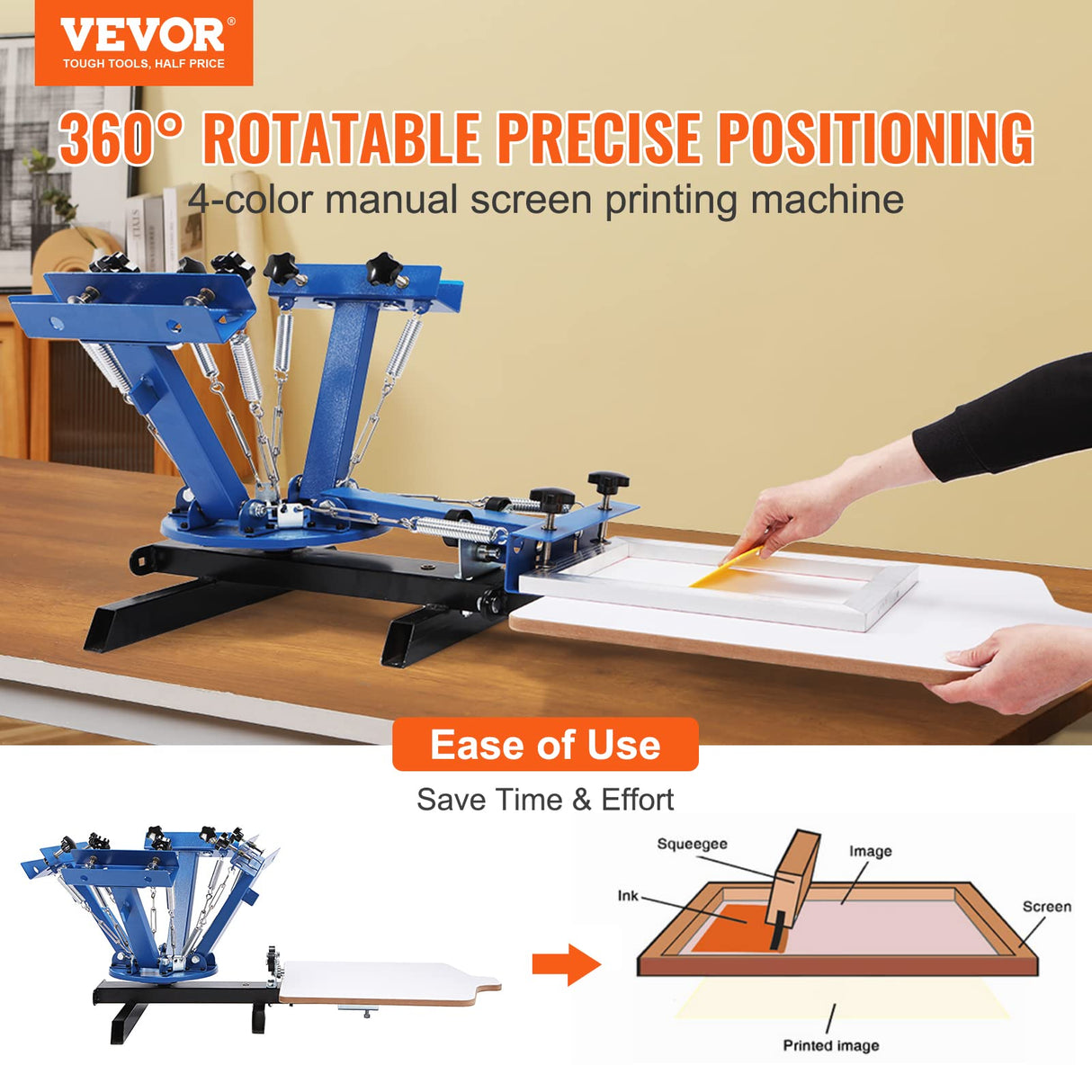 VEVOR Screen Printing Machine, 4 Color 1 Station 360° Rotable Silk Screen Printing Press, 21.2x17.7in / 54x45cm Screen Printing Press, Double-Layer Positioning Pallet for T-Shirt DIY Printing VEVOR