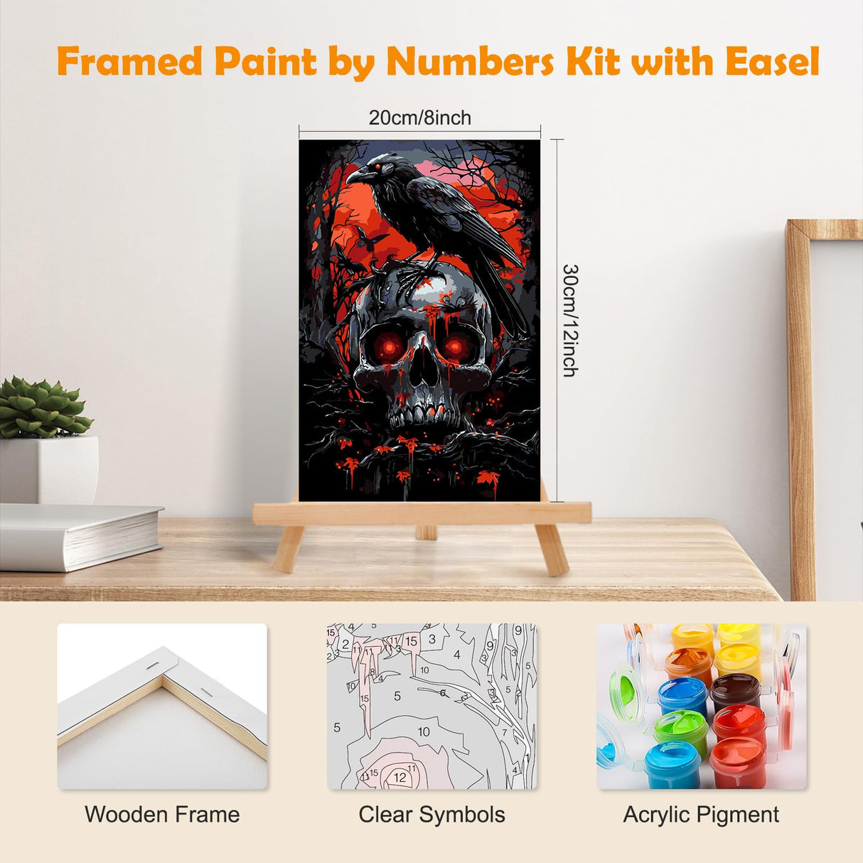 MOGTAA Halloween Paint by Numbers Kit for Adults Beginners with Frame, Skull Adult Paint by Number Kits on Canvas with Easel, Easy DIY Birds Oil Painting Kits for Home Decor, 8x12in MOGTAA