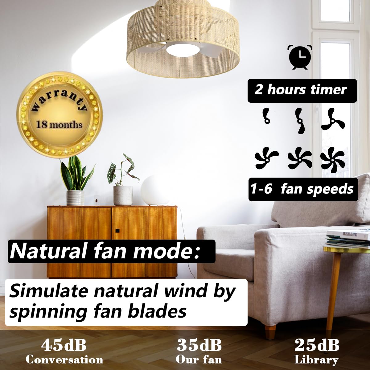 22” Bamboo DC Dimmable Ceiling Fan with Light and Remote Control,Boho Wooden Wicker Cage Rattan Bohemian Tropical Caged Wood Fandelier for Kitchen Indoor Bedroom Eamonex