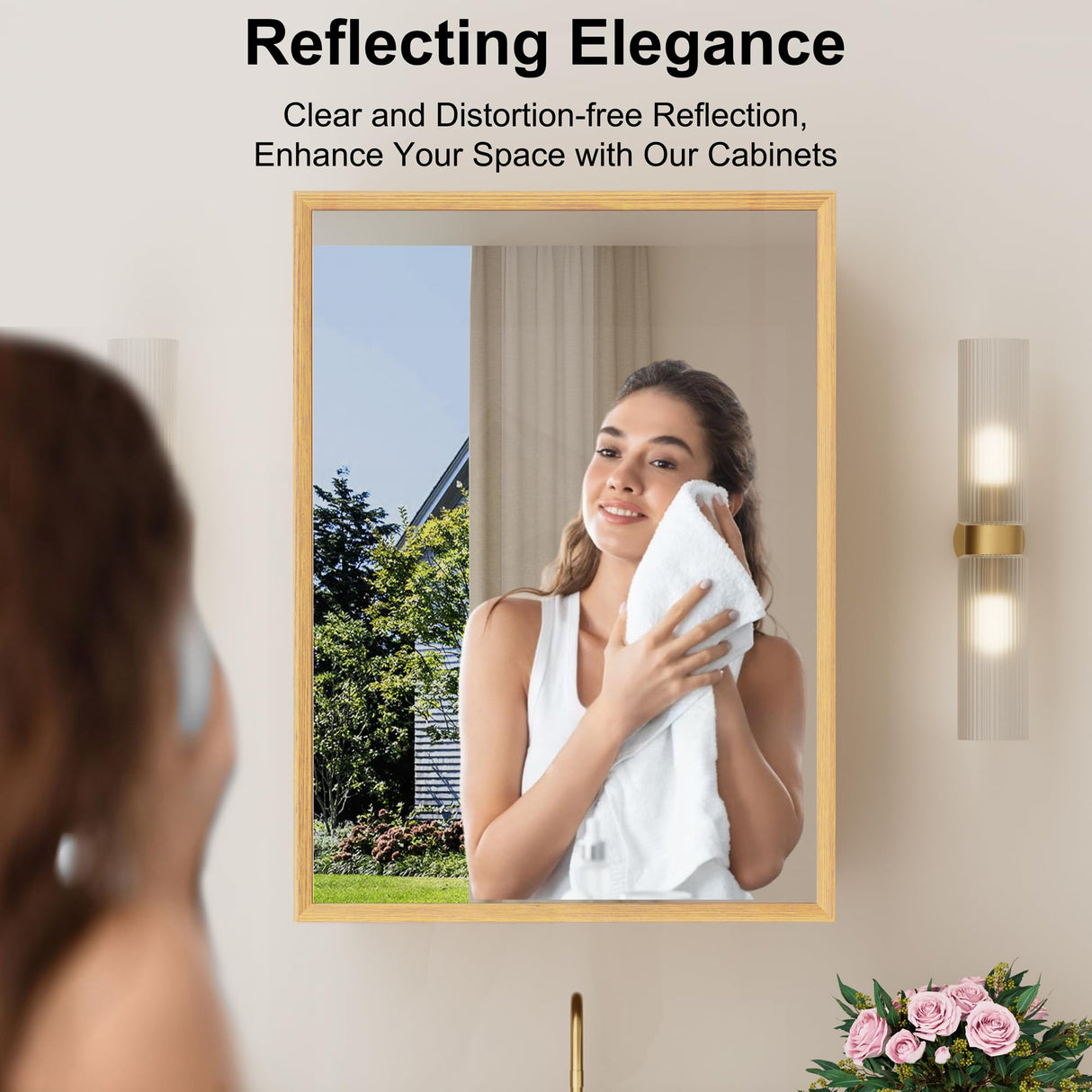 HBEZON 24x30 Inch Wooden Medicine Cabinet with Mirror, Surface or Recessed Mounted Bathroom Cabinets with Door, Adjustable Shelves, Soft-Close Hinge, Wall Storage, Oak Wood Frame HBEZON