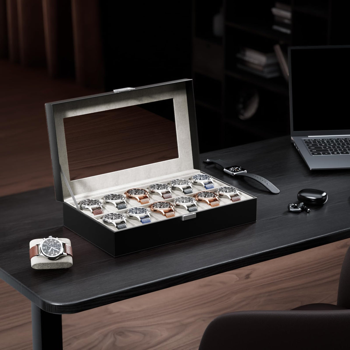 ProCase Watch Box Organizer for Men, 12 Slot Watch Display Case With Glass Lid, PU Leather Watch Storage Mens Watch Case, Watch Holder Organizer for Men Women -12 Slot, Black ProCase