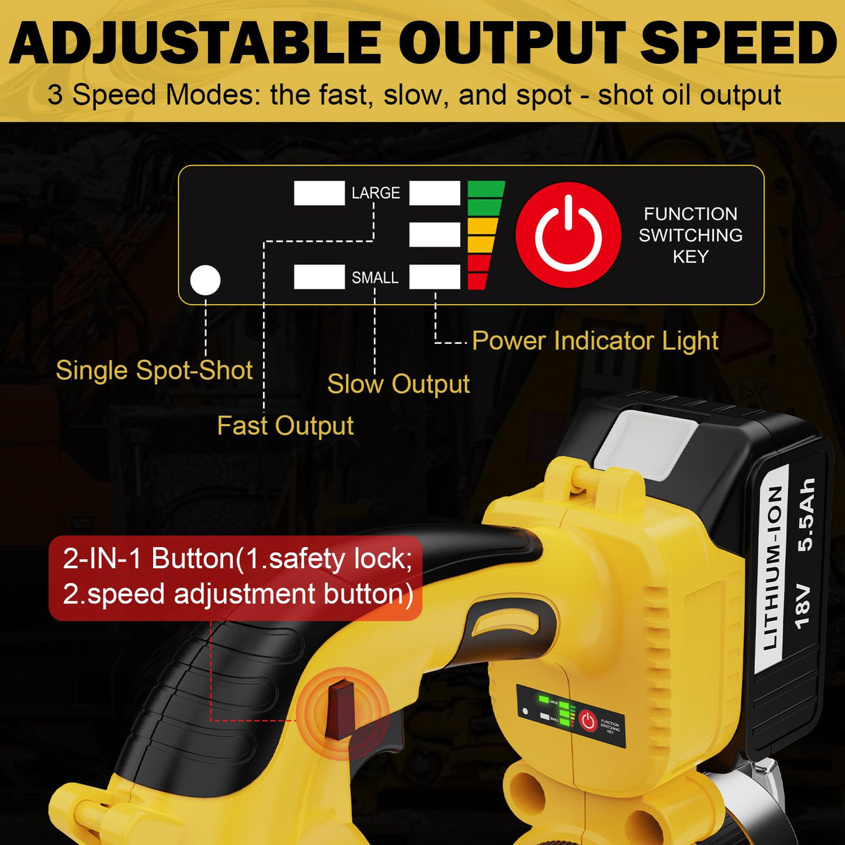 Electric Grease Gun Battery Powered, Automatic Cordless Grease Gun Kit with 2 Batteries & Charger, 5.5 Ah, LED Light, 12000PSI, 3-Speed Triggers, 19.7'' Flex Hose, for Automotive Marine Farm Equipment DEJUNPIOOL
