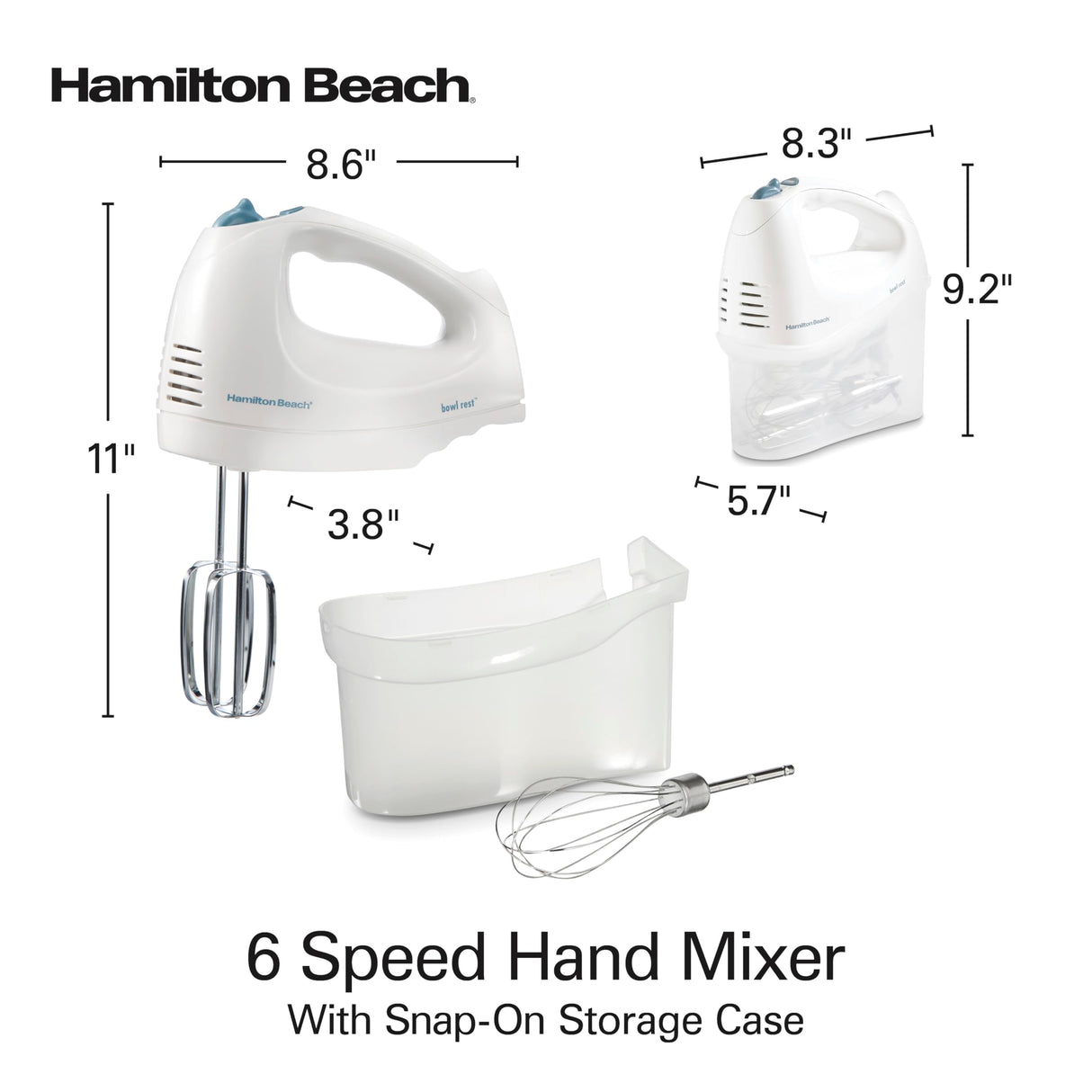 Hamilton Beach 6-Speed Electric Hand Mixer with Whisk, Traditional Beaters, Snap-On Storage Case, 250 Watts, White Hamilton Beach
