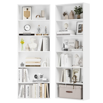 oneinmil Bookshelf 6-Tier Set of 2 Open Bookcase and Bookshelves Wooden Floor Standing Display Wide Storage Shelves Rack 71" Tall for Home Offices, Living Rooms, and Bedrooms, White
