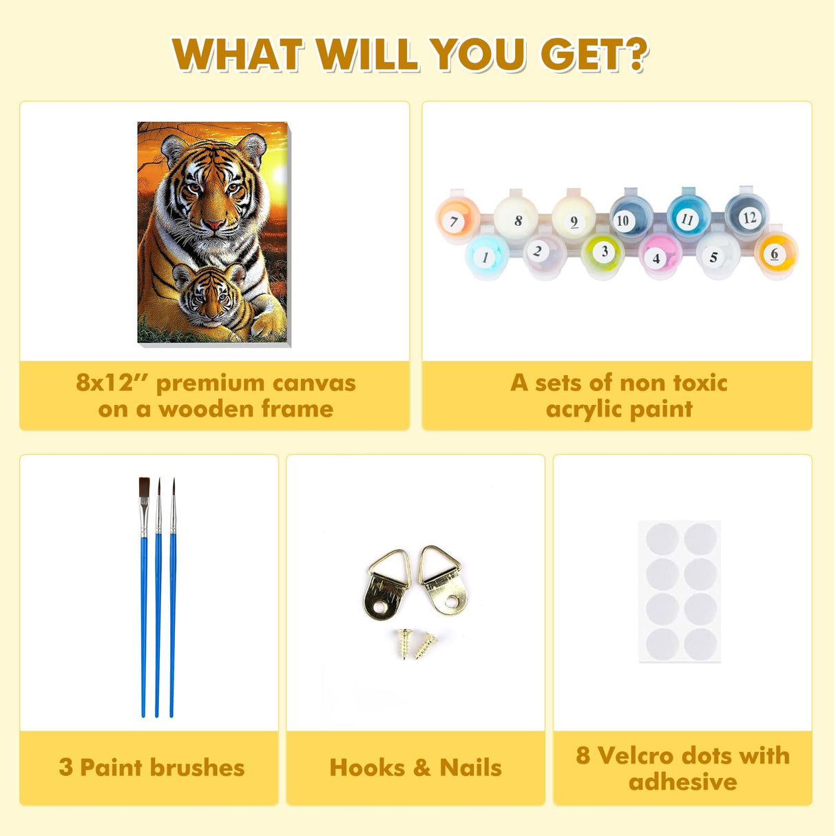 Bowetile Framed Paint by Numbers Tiger for Adults Beginners, Adults' Paint-by-Number Tiger Kits, Easy Adult Paint by Number Kits on Canvas, Acrylic Animals Number Painting for Home Decor, 8x12in Bowetile