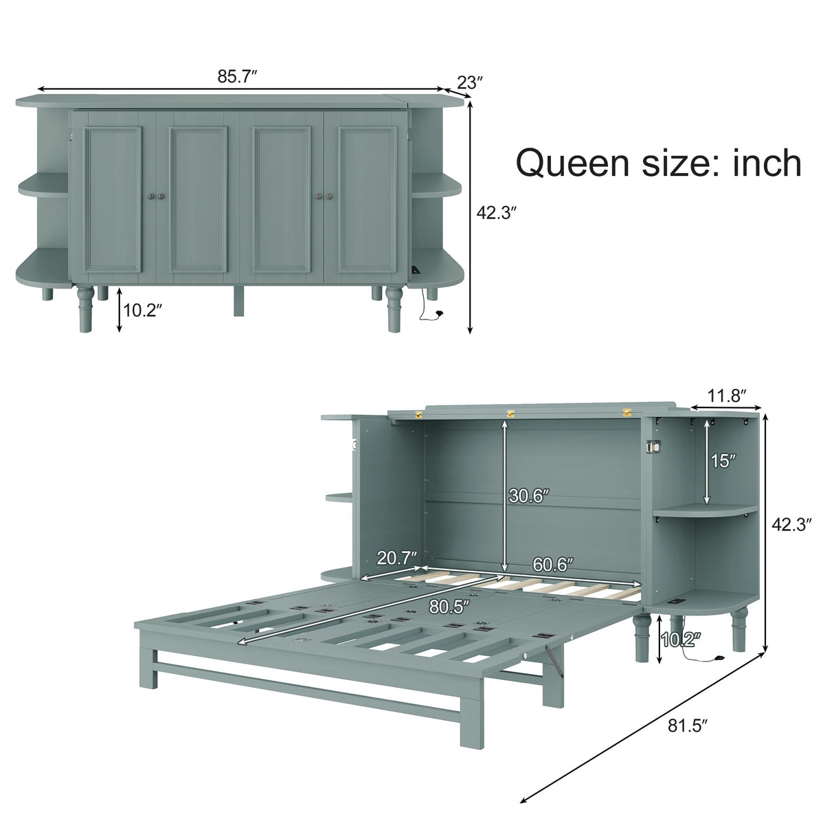 SIYSNKSI Farmhouse Style Queen Size Murphy Bed, Solid Pine Murphy Chest Cube Cabinet Bed with 2 Open Shelves for Home Office or Small Room (Venus Teal-Queen) SIYSNKSI