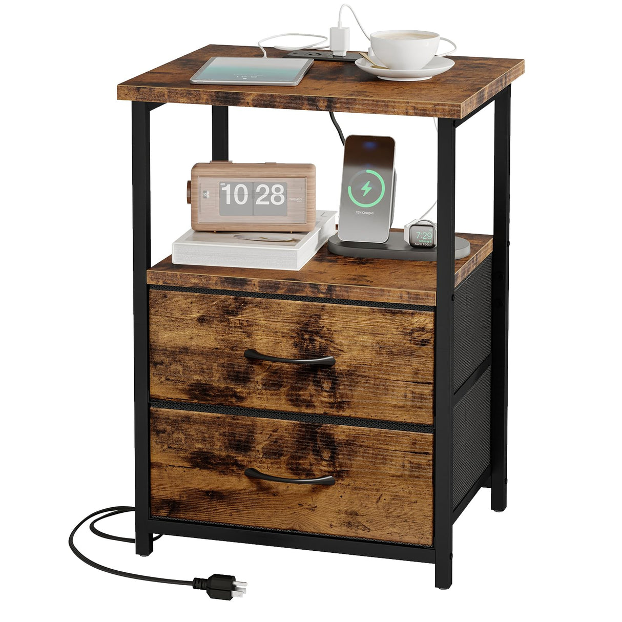 Fixwal Night Stand with Charging Station, Nightstand with Fabric Drawers, Bedside Table with Storage for Bedroom, Rustic Brown Fixwal