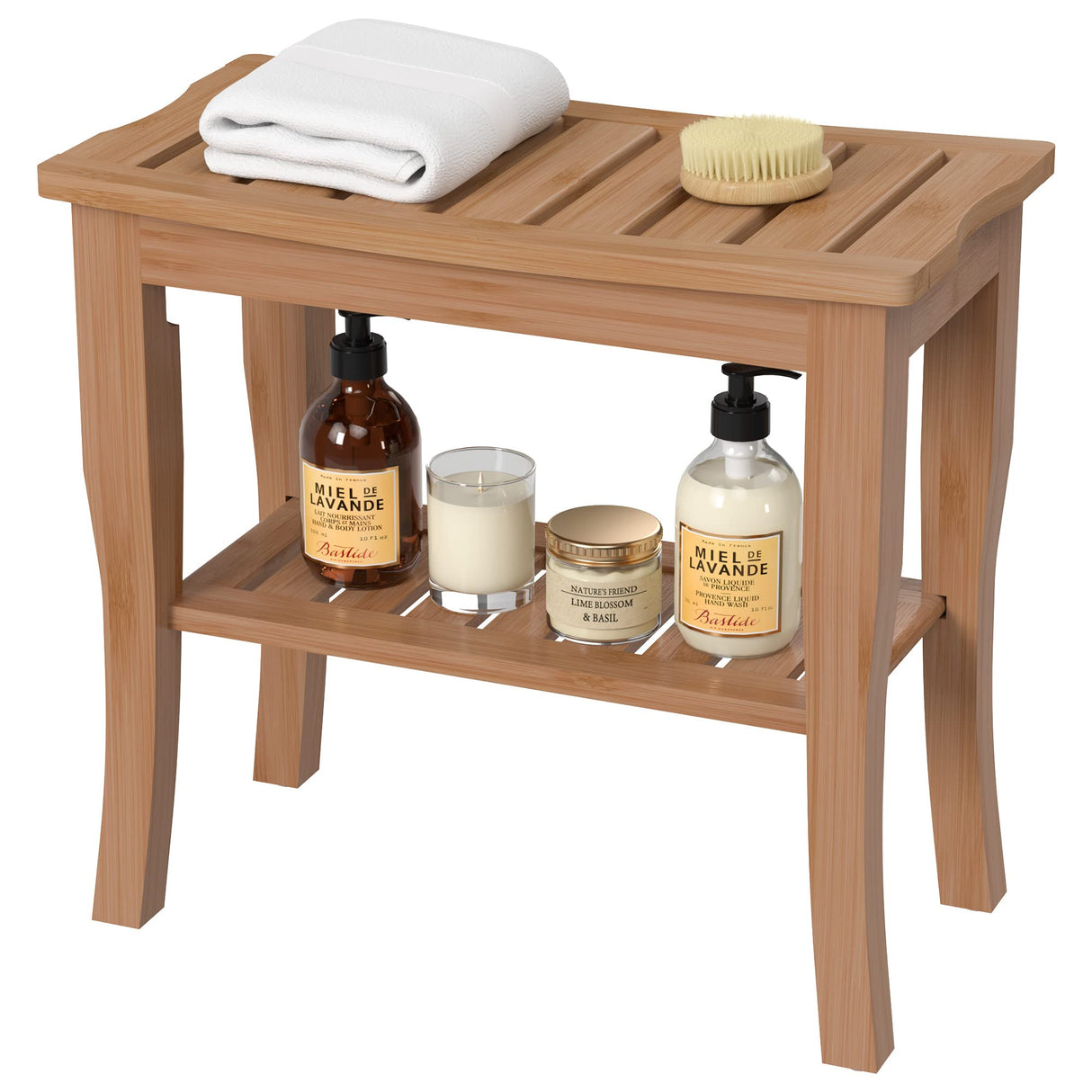 Domax Bamboo Shower Benches for Inside Shower - Bathroom Bench Seat Waterproof Wooden Shower Stool with Storage Shelf for Adults Elderly Seniors Wood Shower Chair for Bathtub or Small Spaces (Walnut) Domax