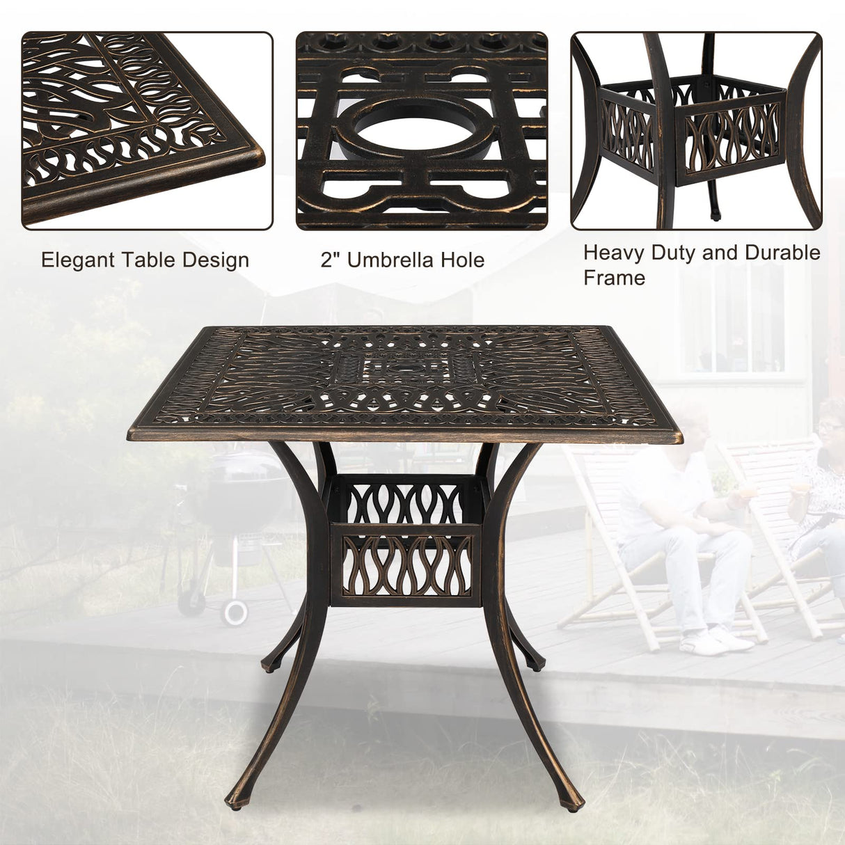 VINGLI 5 Pieces Outdoor Patio Dining Set, Cast Aluminium Patio Furniture Set with 4 Chairs and 1 Umbrella Table for Yard, Garden, Porch and Poolside, Bronze (Square Table) VINGLI
