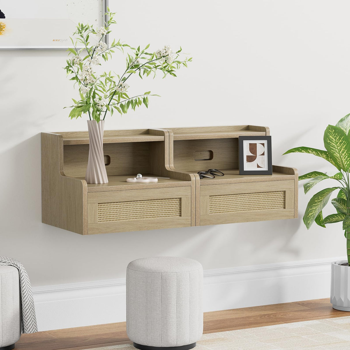 Giluta Floating Nightstand Set of 2 with Drawer & Open Shelf, Small Bedside Table Floating Night Stand for Bedroom Wood Wall Mounted Nightstands Giluta