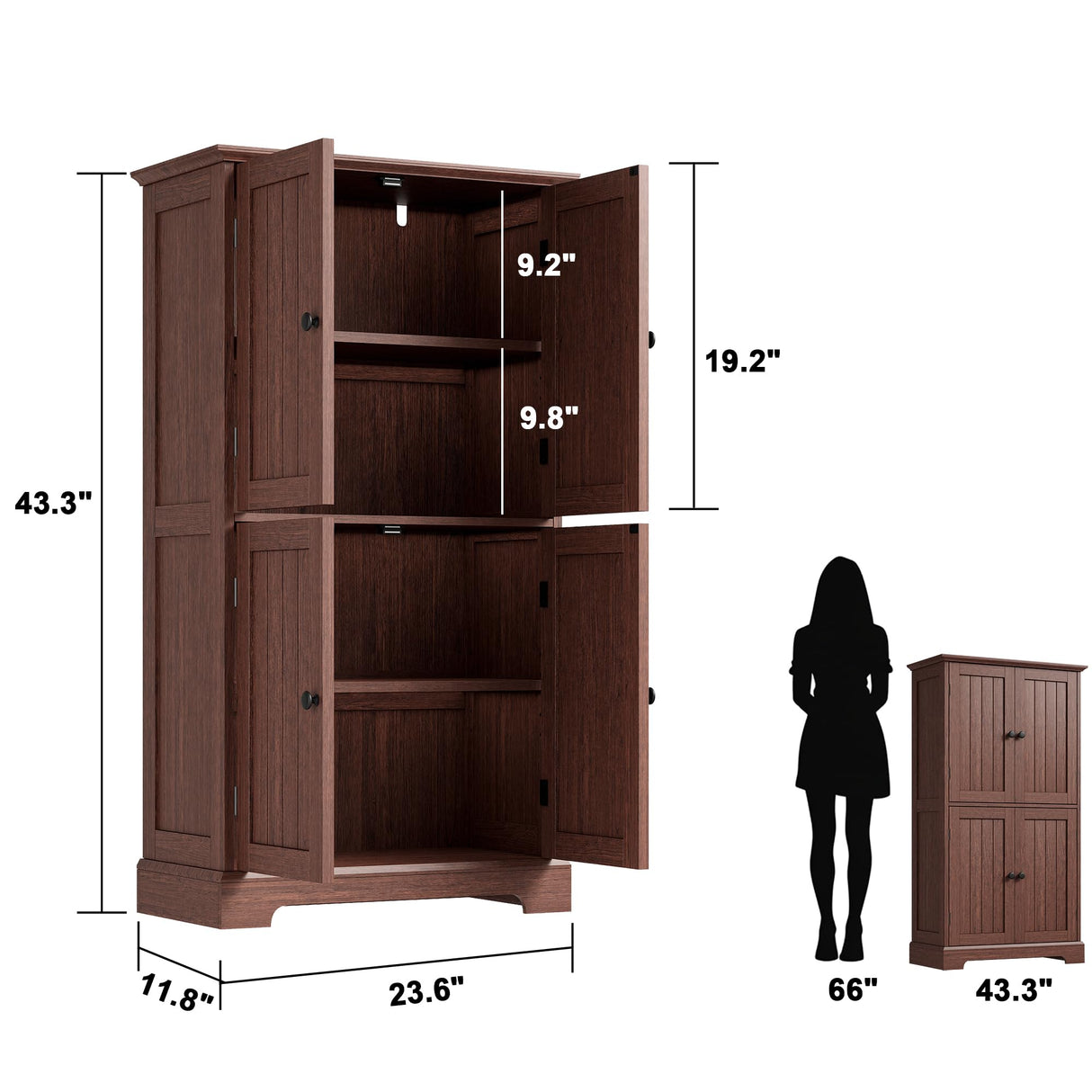 ChooChoo Bathroom Floor Cabinet, Farmhouse Bathroom Storage Cabinet with 4 Doors and Adjustable Shelves, Pantry Cabinet for Living Room, Kitchen, Walnut ChooChoo