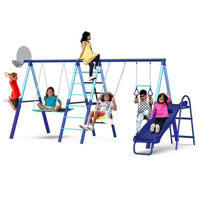 Sportspower Ramona Metal Swing Set 7-in 1: 3 Swings, Climbing Ladder and net, Basketball Hoop, and 5-ft Blow Molded Slide, 700lb Capacity, Yellow & Blue, Bonus Anchor kit Included