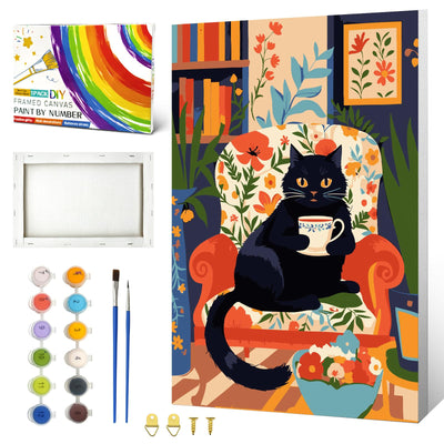ZTOTZ Paint by Numbers Cat with Frame,Small Paint by Number Kits for Adults Cats,Black Cat Framed Paints- by -Number Kits Canvas 8x12inch for Home Wall Decor(Coffee Kitty)