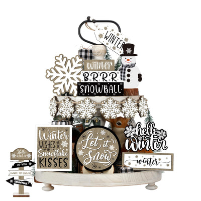 Dandat 15 Pcs Christmas Tiered Tray Decor Winter Tiered Tray Decorations Set Hello Winter Let It Snow Snowman Snowflake Wooden Signs Farmhouse Table Centerpieces for Home Table Shelf