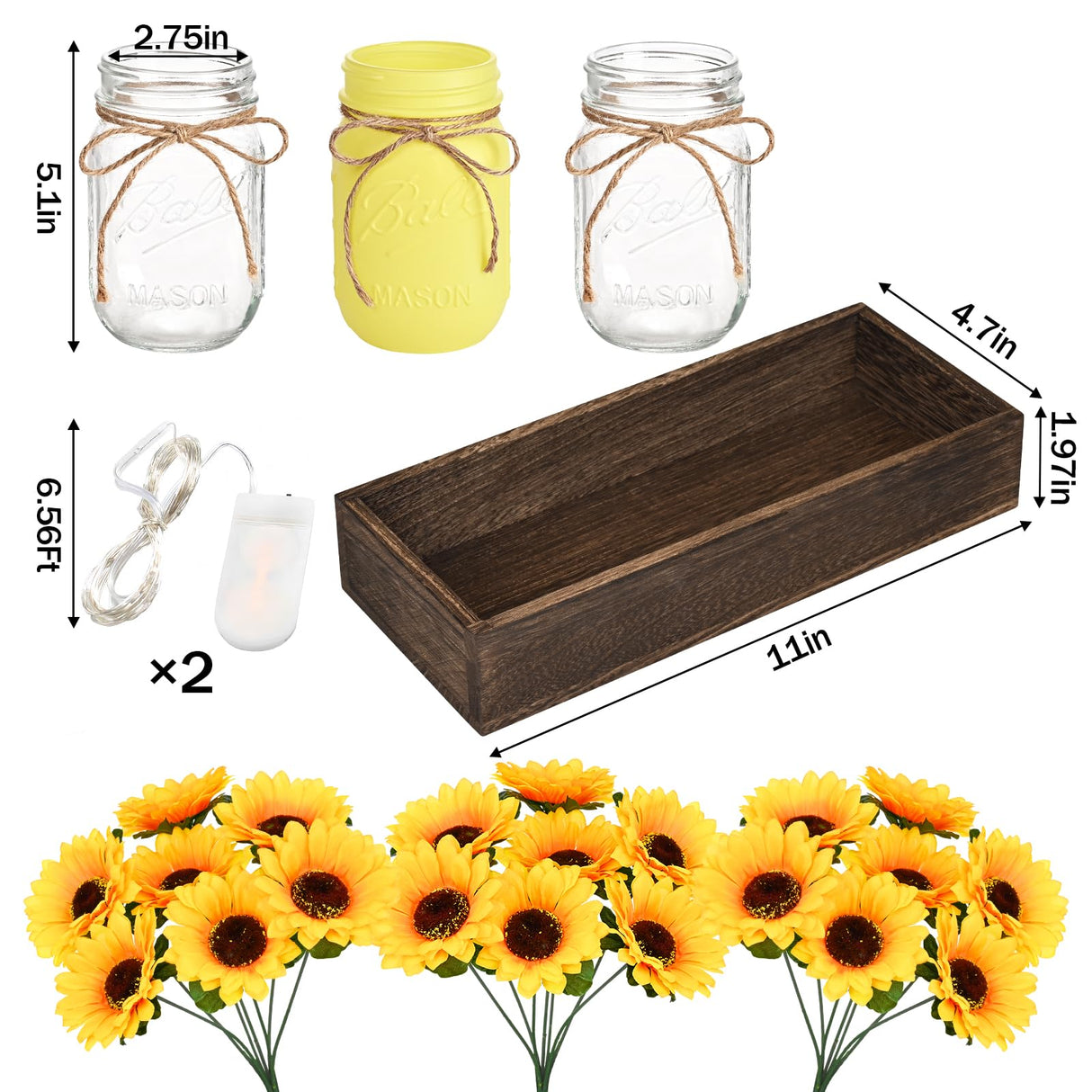 BLEUM CADE Centerpieces Table Decorations - 3Pcs Sunflowers Artificial Flowers in Mason Jars with Wood Tray, Dining Table Centerpiece Decor, Coffee Table Farmhouse Living Room Home Decorations BLEUM CADE