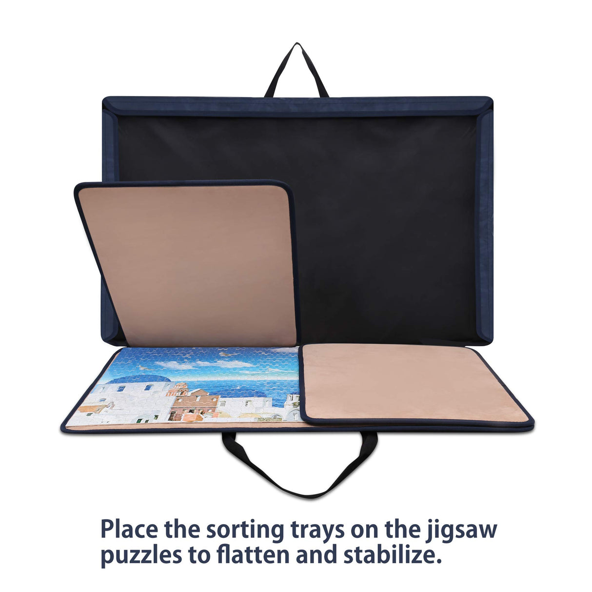 Becko US Puzzle Board with Trays & Cover Portable Jigsaw Puzzle Case Puzzle Storage Puzzle Saver, Non-Slip Surface, for Up to 1000 Pieces (Dark Blue & Khaki) Becko US