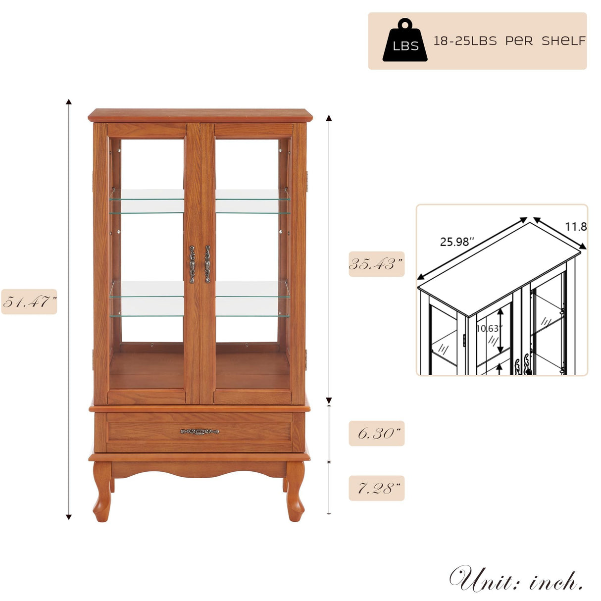 CKEASEAN Lighted Curio Cabinet, 52" H Glass Display Cabinet with Adjustable Shelves, China Cabinet with Tempered Glass Doors for Living Room, Light Blub Included (Dark Oak) CKEASEAN