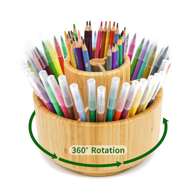 VaeFae Bamboo Pen Holder Organizer, 360° Rotating Art Supply Organizer, Desktop Storage for Marker Pens, Colored Pencil, Art Brushes, etc.