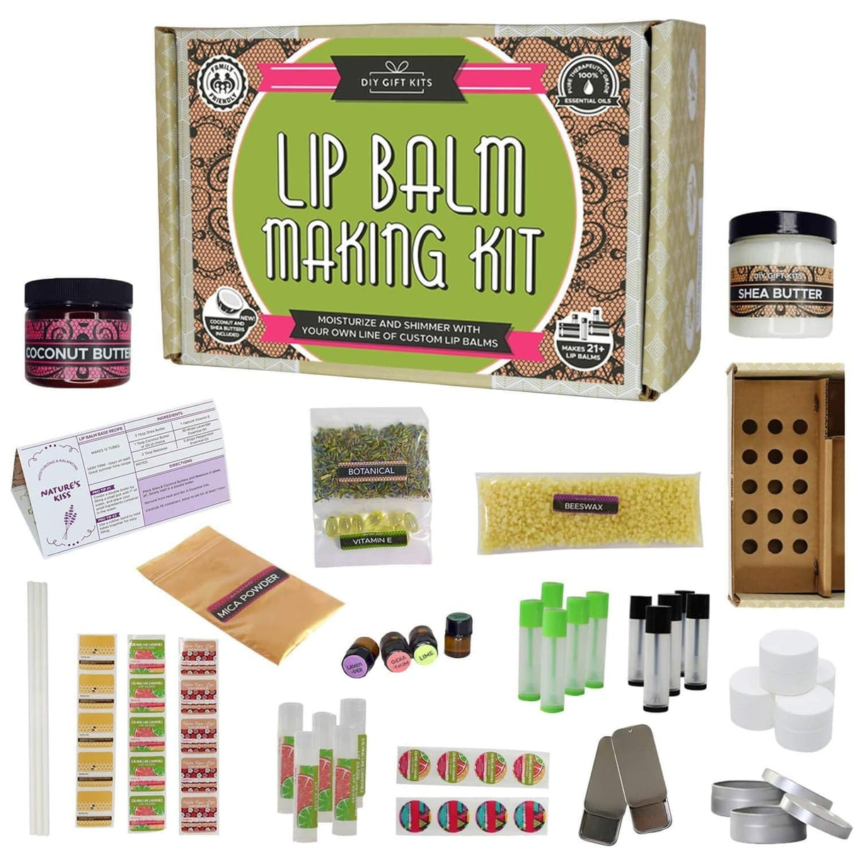 DIY Gift Kits 73-Piece DIY Lip Balm Kit - Lime & Rose Flavors - Lip Balm Kit with Shea Butter, Beeswax & Essential Oils - Make 23 Balms - Gift for Her, Kids & Adults DIY Gift Kits