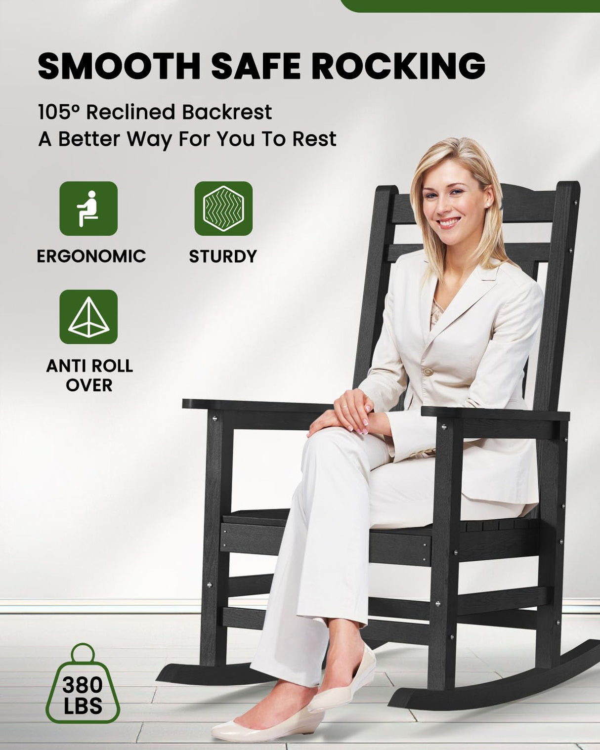 SUUNYN Outdoor Rocking Chair, High Back Porch Rocker Chair, All Weather Resistant HDPE Oversized Rocking Chairs for Patio, Garden, Lawn, Indoor (Black) SUUNYN