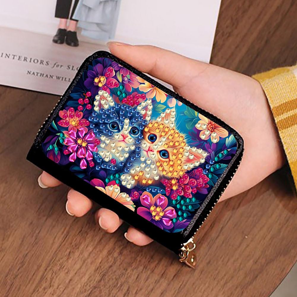 DIY Diamond Art Painting Kit - PU Leather Credit Card Holder Wallet & Coin Purse with Cat Pattern, Zipper Organizer 4.33x3.14in for Adults Santiway