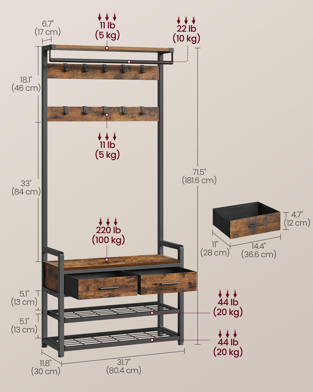 VASAGLE Hall Tree with Bench and Shoe Storage, Entryway Coat Rack with Shoe Bench, 2 Fabric Drawers, 10 Hooks, 11.8 x 31.7 x 71.5 Inches, Vintage Brown and Ink Black UHSR429B01 VASAGLE
