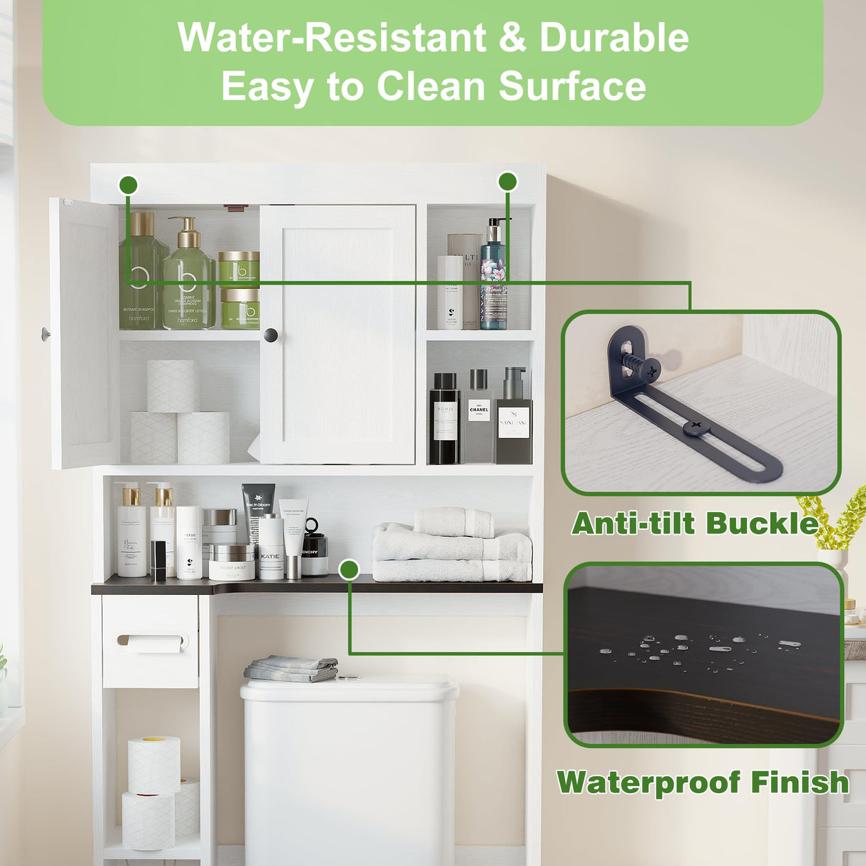 Nivisre Over The Toilet Storage Cabinet with 7 Shelves, Imitation Walnut Grain Above Toilet Bathroom Organizer with Toilet Paper Holder Stand, Space Saver for Restroom, Bathroom, Laundry (White) Nivisre