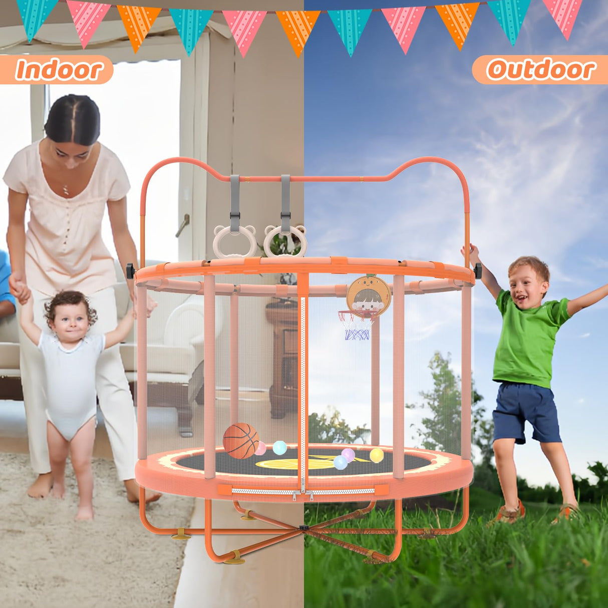 Gardenature 5ft/60'' Toddler Trampoline,Kids Trampoline Indoor&Outdoor for Ages 1-6,Mini Trampolines for Kids with Adjustable Gym Bar,Small Trampolines with Enclosure,Gift for Boys&Girls,Orange Gardenature