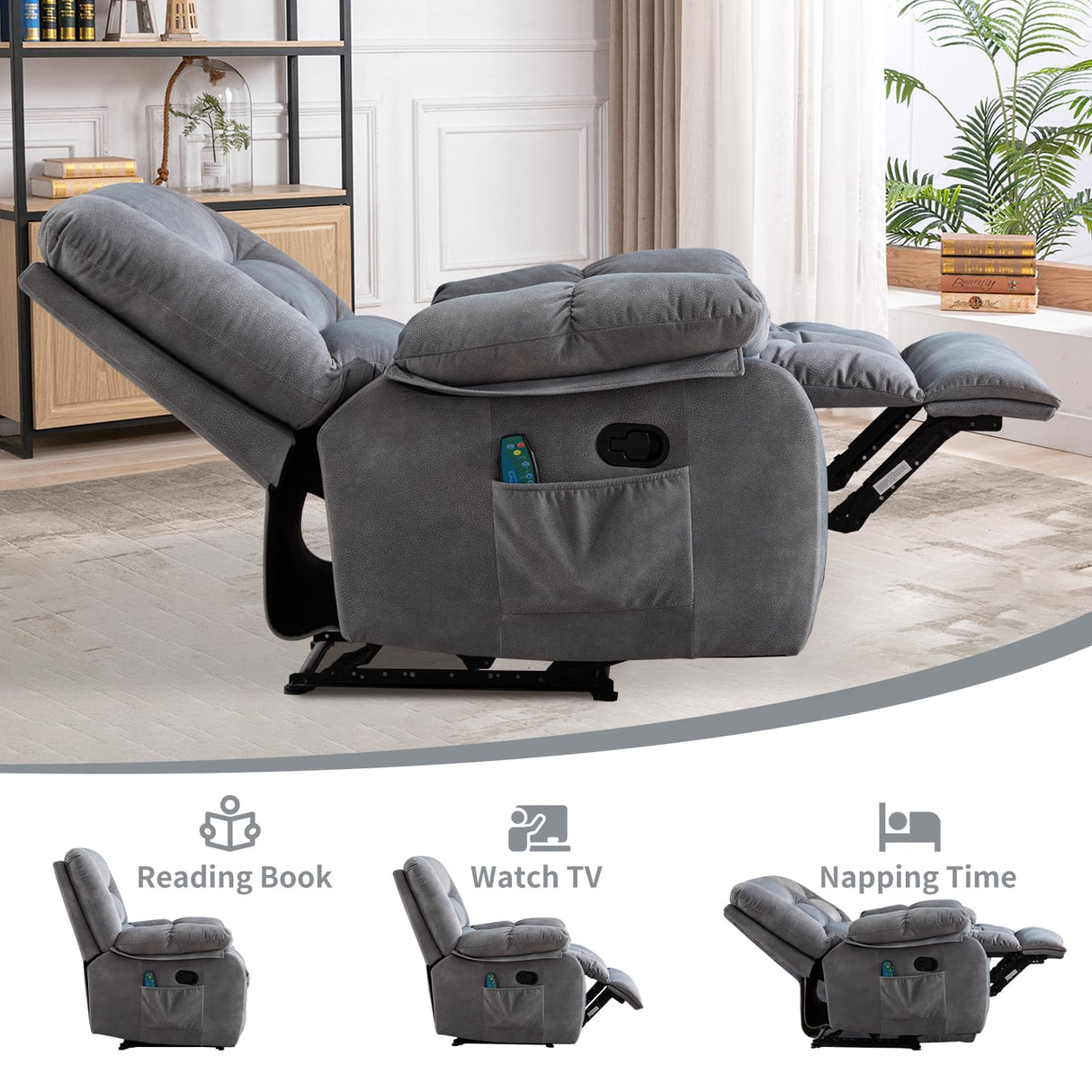 Massage Recliner Chair with Heat and Massage, Soft Fabric Ergonomic Manual Reclining Chairs, Heavy Duty Reclining Sofa Chair with Side Pockets for Living Room (Light Grey) IOMOR