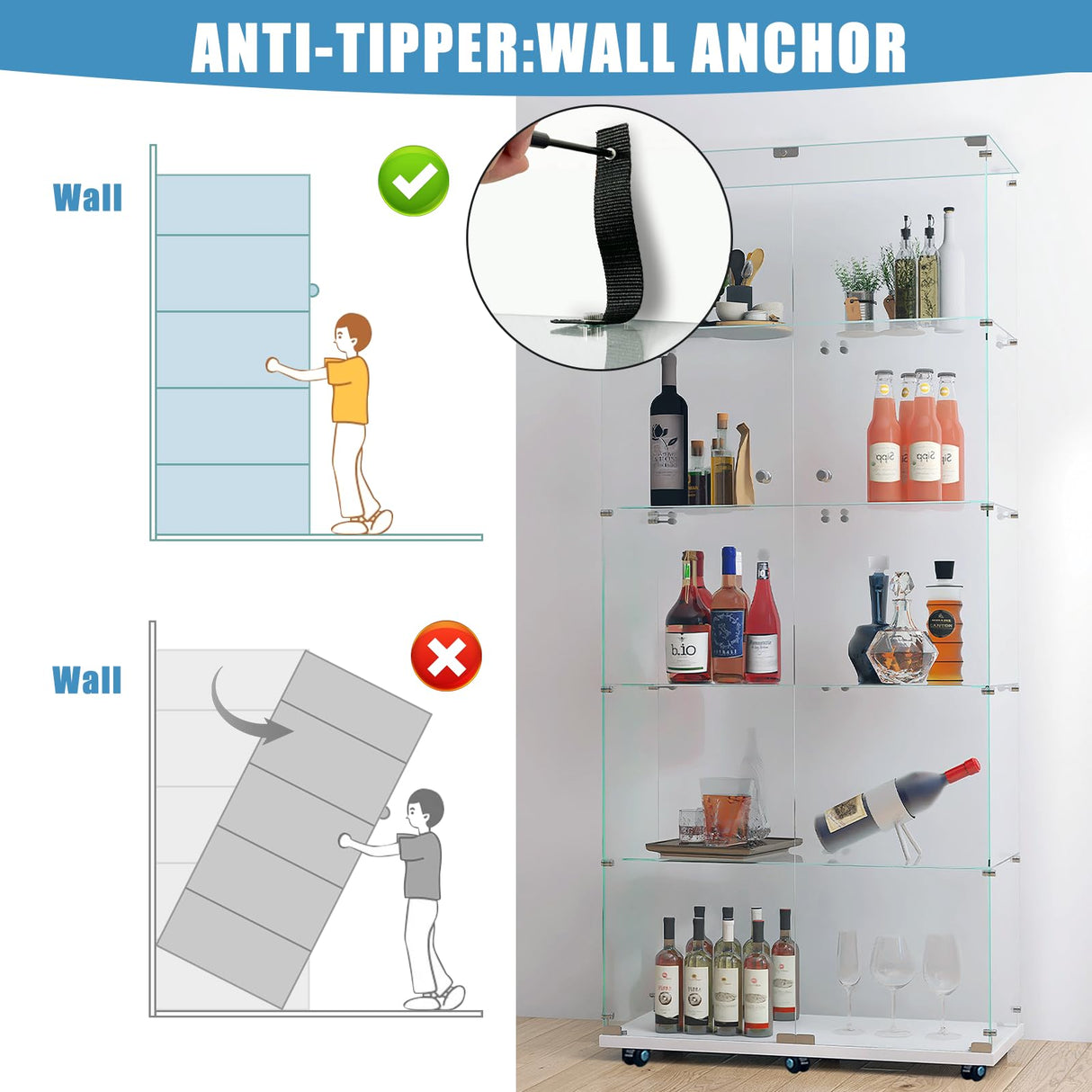 Fetuero Glass Display Cabinet,5 Shelves Double Door LED Lights Curio Cabinet for Collection with Wheels, 74.8" High Glass Display Case for Living Room Bedroom Playroom Office,White Fetuero