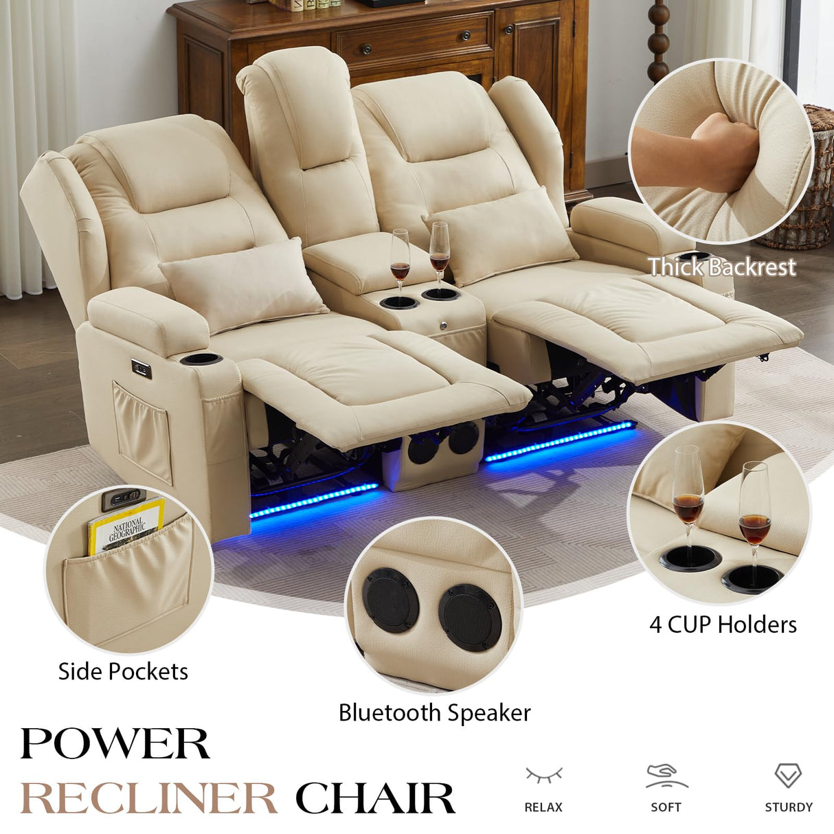Oprisen 2-Seater Power Loveseat Recliner Electric Reclining Sofa Couch Wall Hugger Recliner Home Theater Seating w/Multi-Function Console/Cup Holders/LED Ambient Light Oprisen