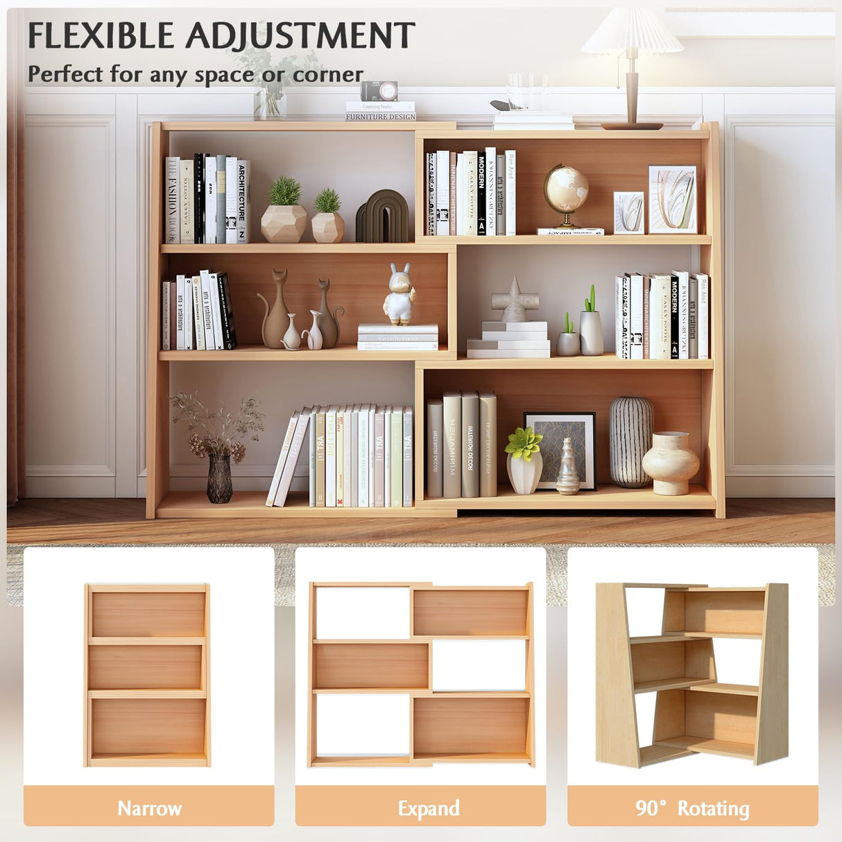 IOTXY Oak Extendable 3-Tier Ladder Bookshelf - Versatile Storage for Small Spaces IOTXY