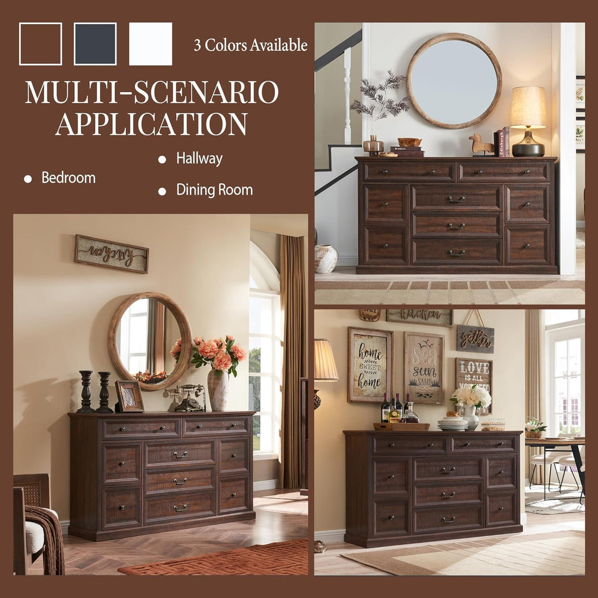 IFGET Farmhouse 9 Drawers Dresser for Bedroom, 60" Wide Wood Rustic Chest of Drawers, Large Storage Dressers Organizer for Bedroom, Living Room, Hallway, Dining Room-Brown IFGET