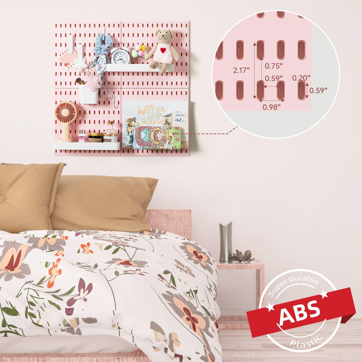 VUSIGN Pegboard Combination Wall Organizer Kit, 4 Pieces Pegboards and 17 Accessories Modular Hanging, Wall Mount Display Peg Board Panel Kits for Bedroom, Home, Office, Bathroom, 22" x 22", Pink VUSIGN