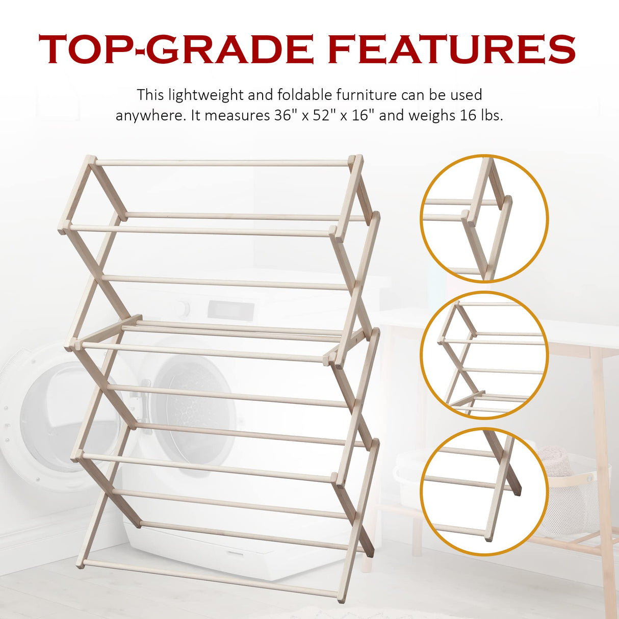 Peaceful Classics Wooden Laundry Rack - Amish Handmade Wooden Clothes Drying Rack - Foldable Drying Rack for Towel, Blanket, Linen Household Essentials - for Indoor Or Outdoor Use (52" x 36" x 16") Peaceful Classics