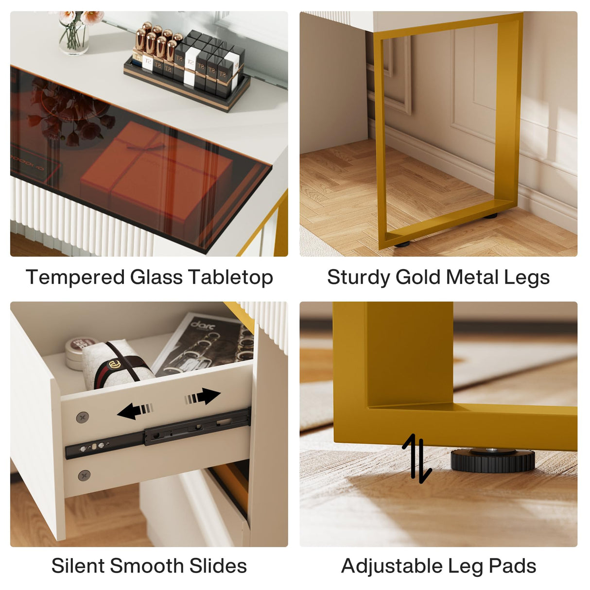 Tribesigns Vanity Desk with Glass Top, 4 Drawers Makeup Vanity Table, Modern Makeup Dresser Desk, White Gold Vanities with Visual Drawer for Bedroom Tribesigns