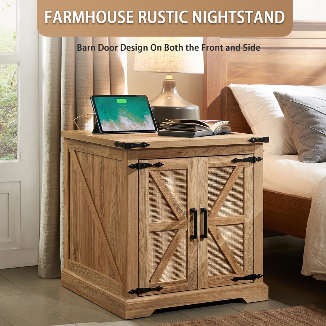 Barnyatoh Farmhouse Boho End Table with Charging Station, 24" Large Side Table with Rattan Barn Door, Rustic Wood Square Nightstand Bedside Table with Storage for Living Room, Bedroom, Natural Barnyatoh