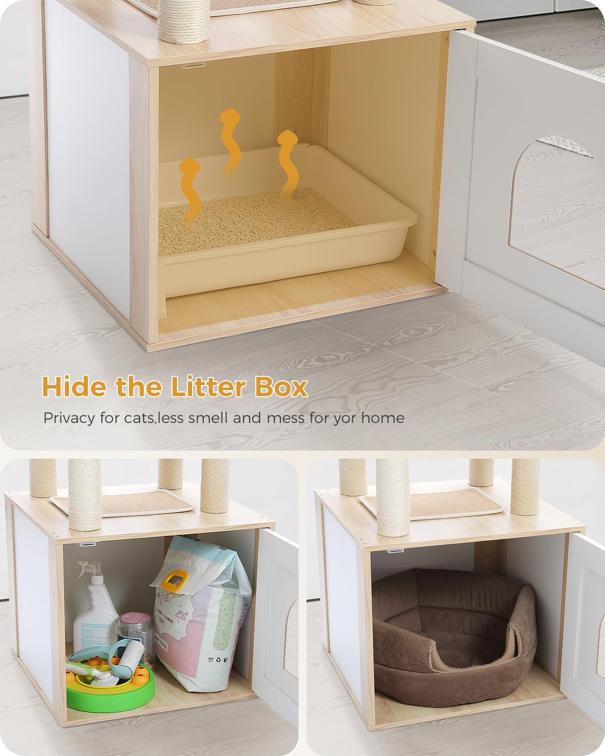 PETEPELA 56.7" Cat Tree with Litter Box Enclosure Large, Wood Cat Tower for Indoor Cats with Storage Cabinet and Cozy Cat Condo, Sisal Covered Scratching Post and Repalcable Dangling Balls, Beige PETEPELA