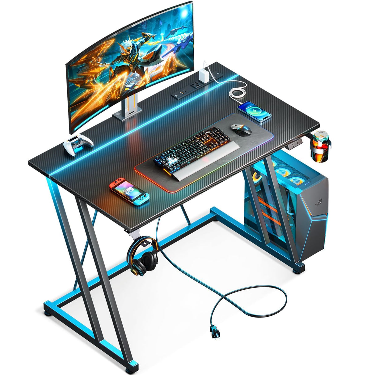 MOTPK Small Gaming Desk with LED Lights & Power Outlet, Computer Desk 31.5inch for Small Space, Cheap Gaming Table with Carbon Fiber Texture, Kids Desk Gift for Boys Men, Black MOTPK