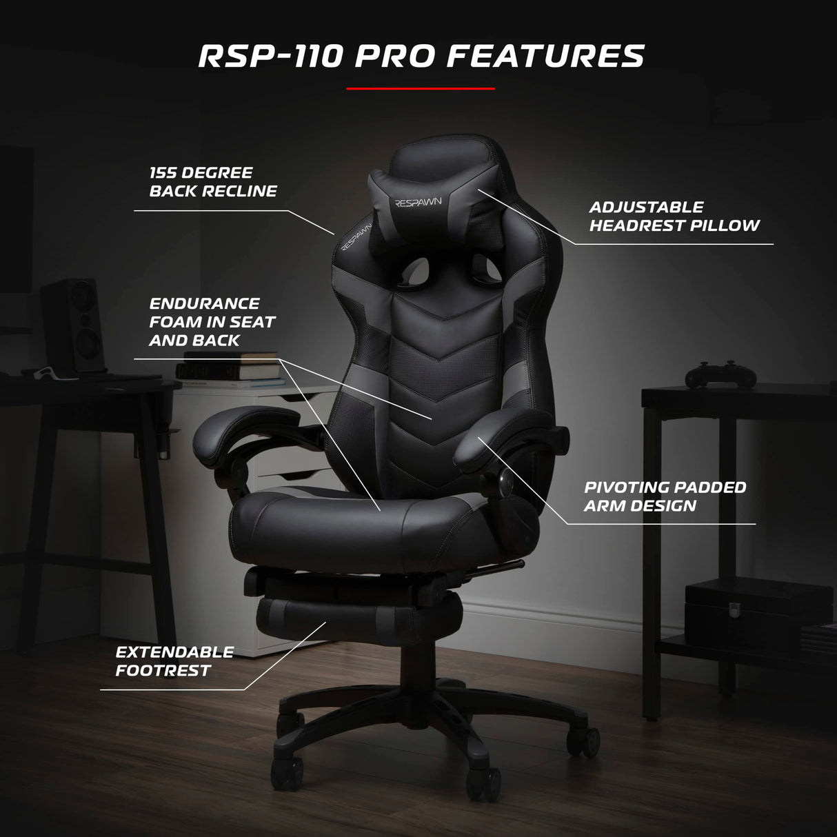RESPAWN 110 Pro Gaming Chair - Gaming Chair with Footrest, Reclining Gaming Chair, Video Gaming Computer Desk Chair, Adjustable Desk Chair, Gaming Chairs For Adults With Headrest Pillow - Grey RESPAWN