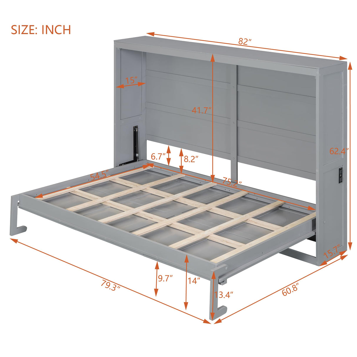 Ball & Cast Murphy Bed Full Size,Wall Beds with Charging Station and Storage Top,Slat Support,Wood Hideaway Cabinet Bedframe w/Leg,can be Folded,Space-Saving,for Small Room,Dorms,Gray Ball & Cast