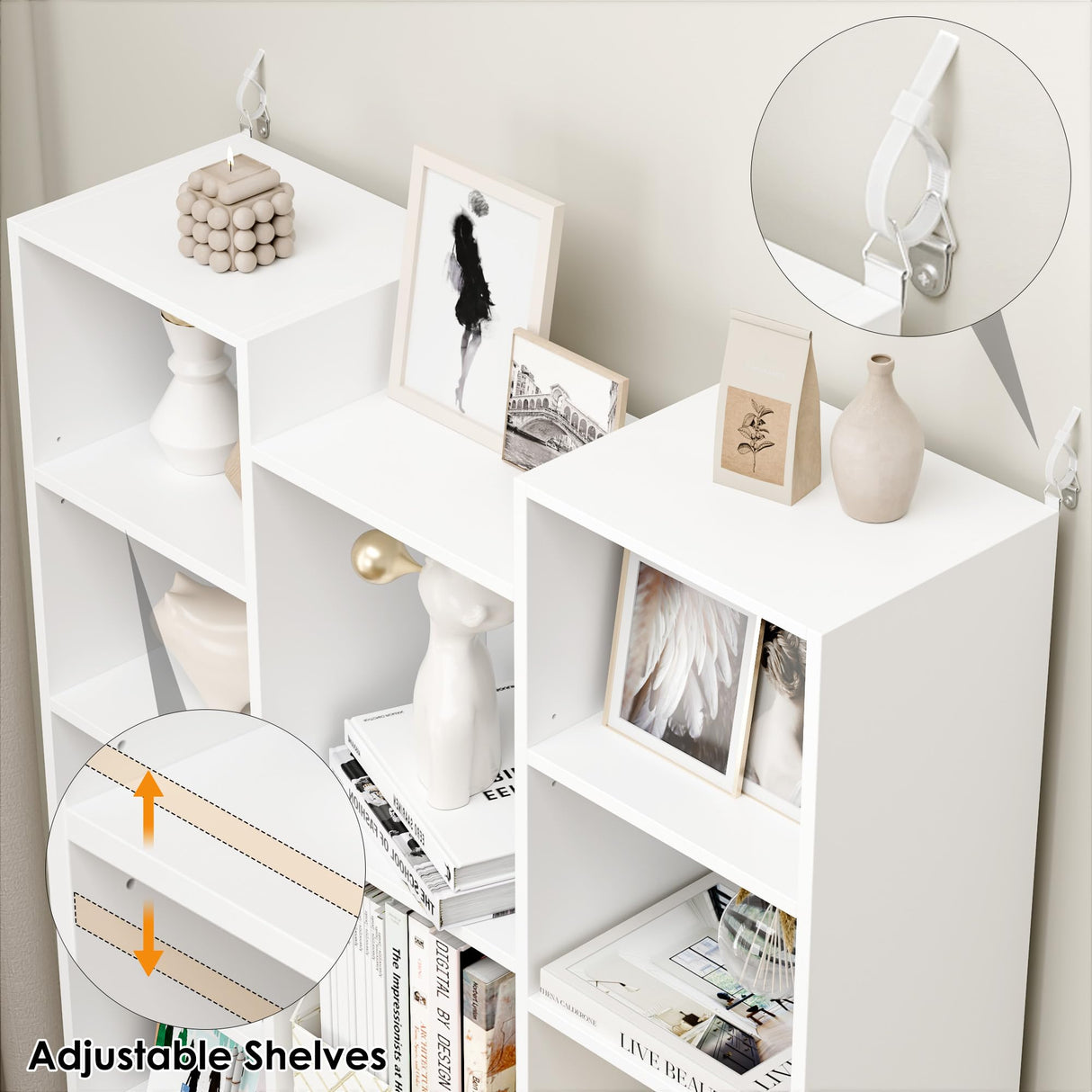 FOTOSOK Triple Wide 8 Tier Media Storage Tower Rack, 71โโ Large CD DVD Storage Tower Rack with Adjustable Shelves, White Bookshelf Tall Narrow Bookshelf Storage Organizer Shelf for Home Office, White FOTOSOK